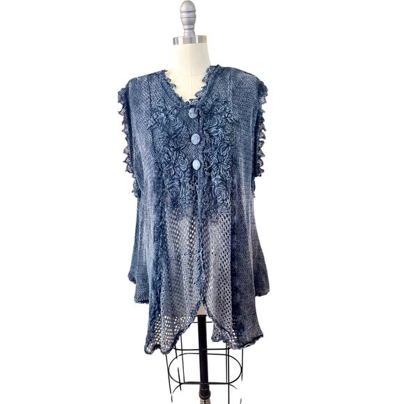 80s VTG Chorisia Italy Crochet Knit Boho Tunic Vest Blue/Gray Floral Lace M/L - Picture 1 of 6